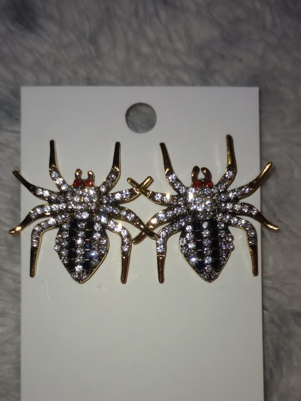Gold Tone Clear And Black Crystal Spider Earrings